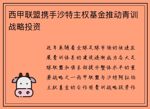 西甲联盟携手沙特主权基金推动青训战略投资 西甲联盟携手沙特主权基金推动青训战略投资